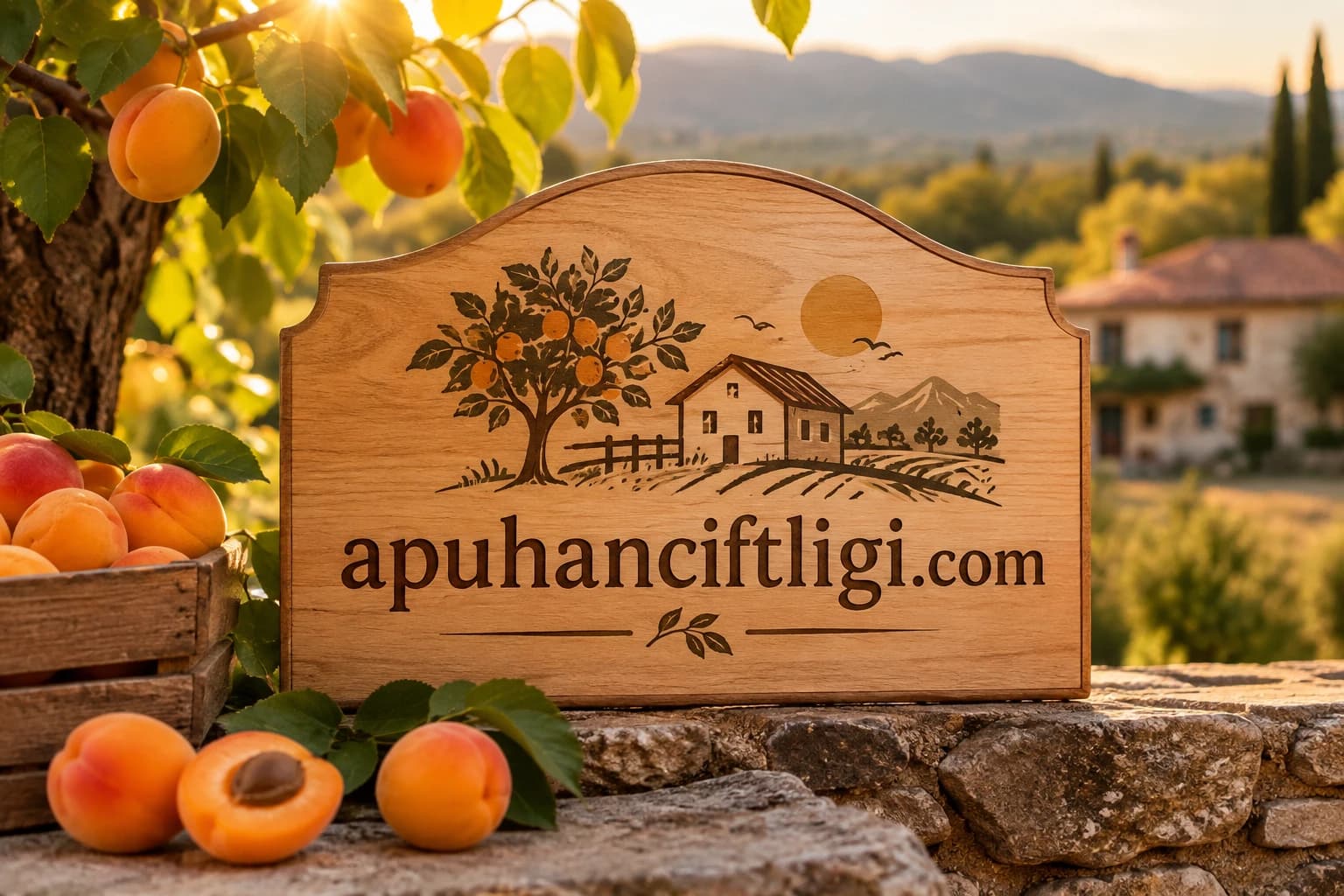 Kayısı ağacının altında, üzerinde apuhanciftligi.com yazan ahşap tabela ve taze kayısılar